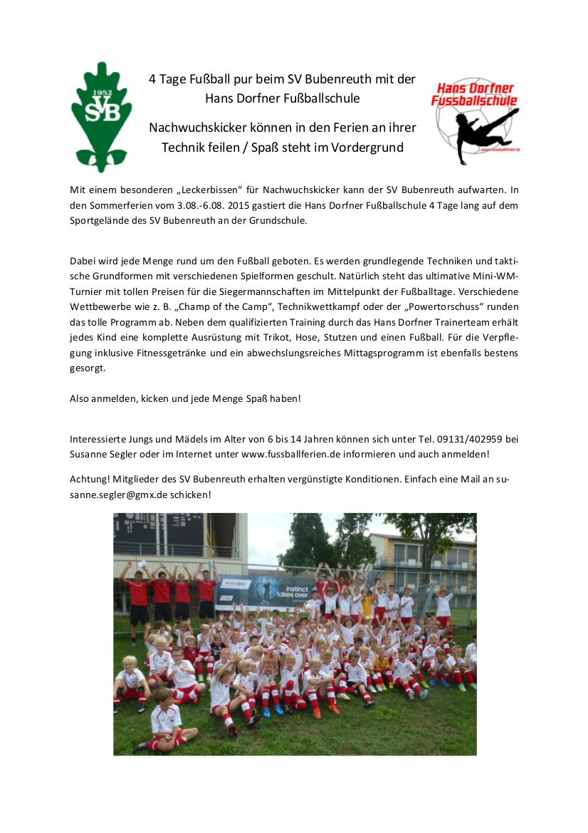4 Tage Fußball pur beim SV Bubenreuth mit der Hans Dorfner Fußballschule