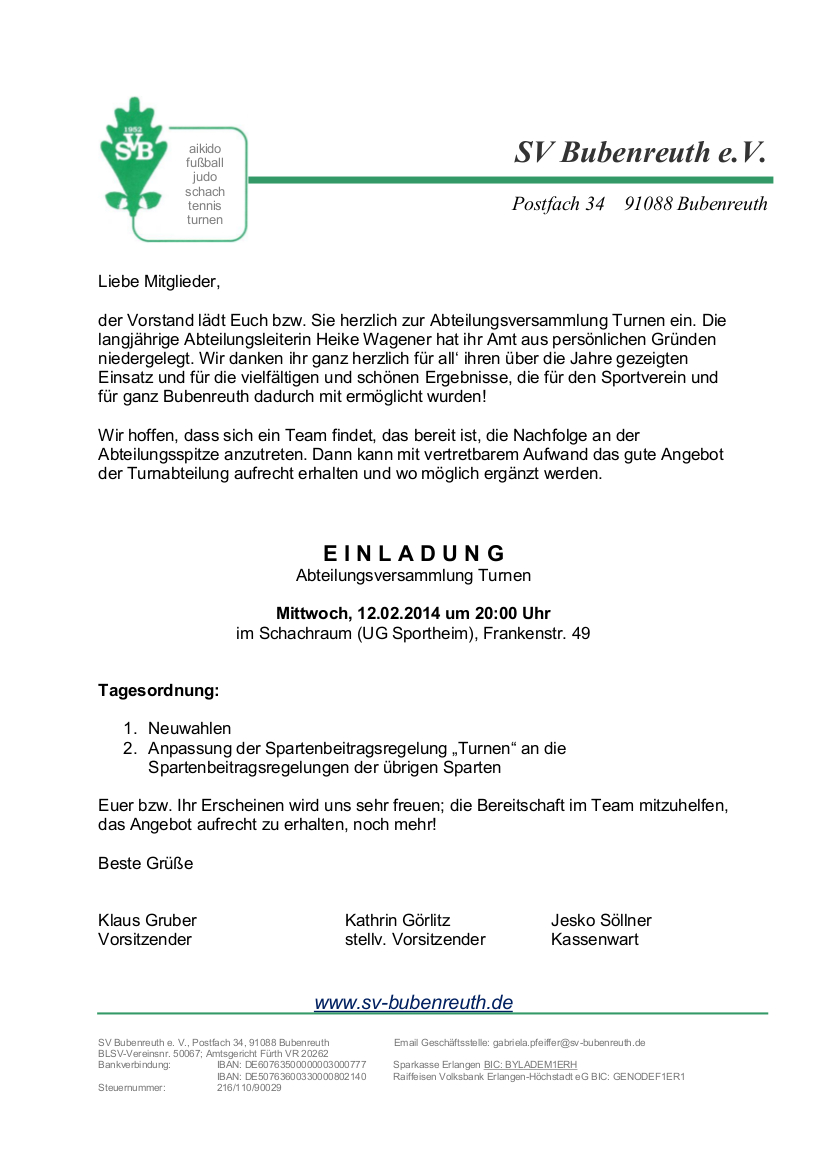 Einladung zur Abteilungsversammlung Turnen