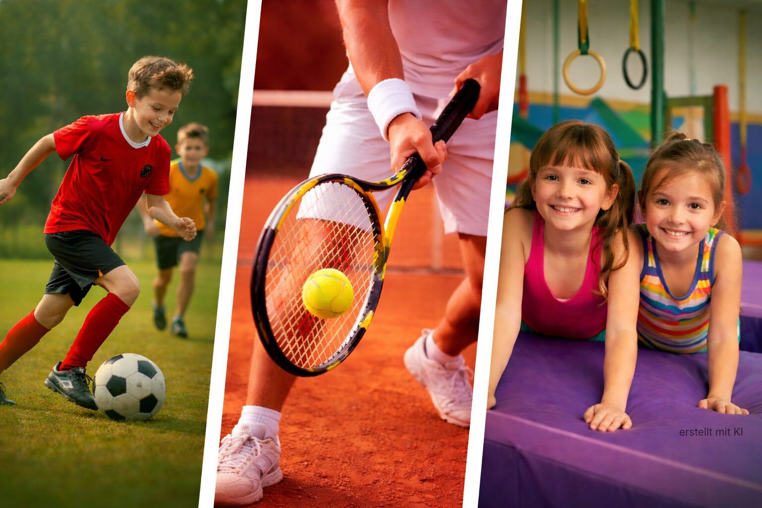 KI-generiertes Bild in drei Sektionen mit einem Jungen der Fußball spielt, einem Tennisspieler und 2 Mädchen beim Kinderturnen